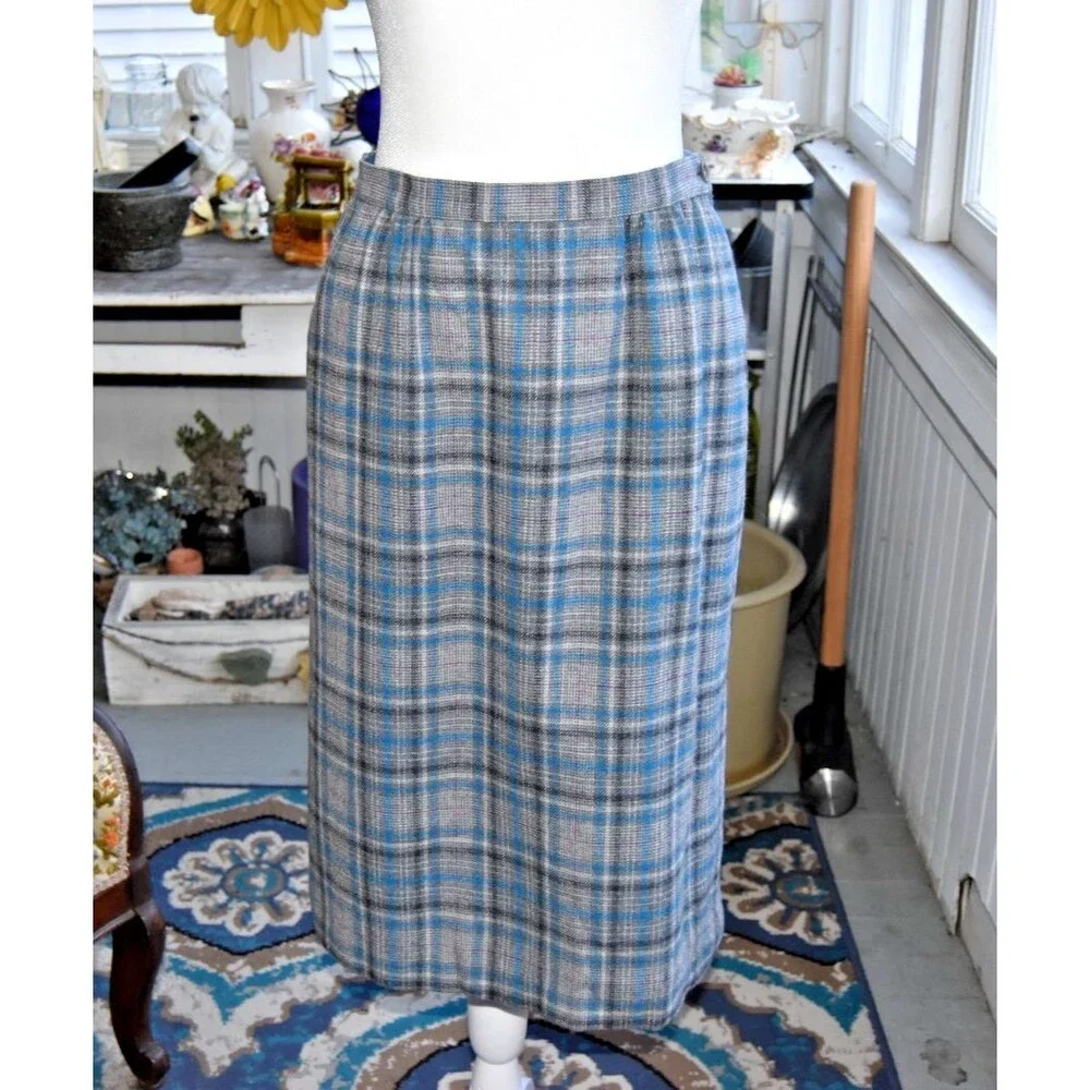Womens Vintage PENDLETON Gray Blue Plaid Tartan Wool Pencil Skirt Sz M USA MADE